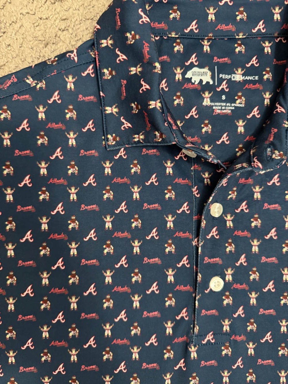 Onward Reserve Braves Blooper Pattern Navy Polo Stadium Exclusive Size S Atlanta